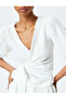 Textured Lacing Detail V Neck Half Sleeve Double Breasted Blouse - 5
