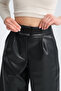 Women's Leather High Waist Velcro Pocket Black Palazzo Pants - 3