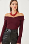 Women's Burgundy Ottoman Fabric Cross Collar Detail Blouse 60251890 - 5