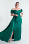 Women's Emerald Green Slim Fit Boat Neck Tailed Long Satin Evening Dress