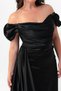 Women's Black Boat Neck Trained Long Satin Evening Dress & Graduation Dress - 4