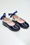 Girl's Pearl Shiny Navy Blue Shoes - 6