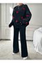 Women's Black Crew Neck Heart Sweater Pants Knitwear Bottom Top Set - 5