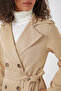 Beige 5940 Model Women's Double Breasted Collar Long Trench Coat - 5