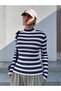 Women's Black and White Striped Half Turtleneck Blouse Sweater - 4