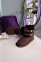 Brown Suede Double Belted Medium Length Women's Boots with Fur Inside and Fur Inside - 3