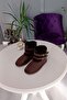 Brown Suede Double Belted Medium Length Women's Boots with Fur Inside and Fur Inside