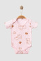 100% Organic Cotton Girls' Teddy Bear Pattern 3-Piece Undershirt Bodysuit - Half Sleeve - Snap Fasteners (Pink - White - Khaki) - 2