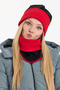 Women's Black Fleece Outer, Red Cotton Inside Double Color Double Layer Foldable Beanie Neck Collar Set - 7