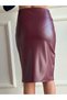 Women's Cherry Color Elastic Waist Slit Pencil Leather Skirt 65 cm - 2