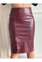 Women's Cherry Color Elastic Waist Slit Pencil Leather Skirt 65 cm - 4