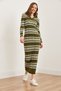 Women's Khaki Striped Ribbed Polo Neck Maxi Knitwear Dress Elb- 19002318 - 3