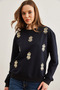 Women's Navy Blue Eye Embroidered Seasonal Sweatshirt Swt-19000598 - 4