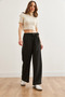 Women's Black Elastic Waist Palazzo Trousers with Self-Tie Belt Pnt-19000307 - 5