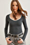 Women's Anthracite Pool Collar Stripe Stretchy Blouse Blz- 19002714