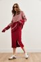 Women's Burgundy Top Sweater with Slit Hem Skirt Knitwear Set Tkm-19000321 - 4