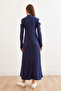 Women's Navy Blue Stand Collar Shoulder Low-Cut Thick Ribbed Dress Elb- 19002322 - 8