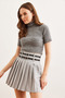 Women's Gray Double Belted Pleated Mini Woven Skirt Etk- 19000288 - 3