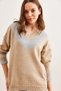 Women's Stone V Neck Glitter Detailed Soft Textured Knitwear Sweater Kzk- 19000587 - 4