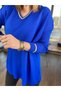Women's Cobalt Blue V-Neck Glitter Detailed Long Sleeve Knitwear Sweater - 3