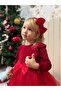 Girl's Dress with Velvet Puffy Skirt Red - 2
