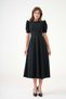 Women's Round Neck Short Balloon Sleeve Stretchy Crepe Fabric Midi Length Flared Cut Black Dress 092 - 8