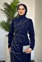Navy Blue Crepe Evening Dress - Candi Stone Detail - 3