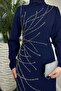 Navy Blue Crepe Evening Dress - Candi Stone Detail - 4