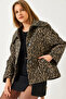 Women's Brown Bat Sleeve Leopard Patterned Lined Cashmere Jacket 60261171