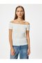 Madonna Collar Off-The-Shoulder T-Shirt Textured Short Sleeve Slim Fit - 3