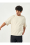Seersucker Textured Knit Boxy Fitted T-Shirt with Turn-Up Sleeves