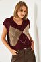 Women's Burgundy Premium Diamond Patterned Oversize Knitwear Sweater Ts241003 60261172 - 5