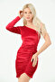 Women's Red One Shoulder Drawstring Detail Mini Dress