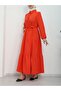 Half-Buttoned Dress with Elasticated Sleeves and Tie Waist -Pomegranate Flower - 3