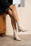 Women's Beige Cream Stretch Boots Quality Ankle Medium Heeled Winter Boots - 2