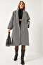 Women's Black Folded Sleeve Single Button Pocketed Lined Cashmere Coat 60261169 - 3