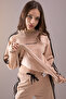 Beige Wide-Legged Girls' Tracksuit Set with Stripes on the Sides 19874 - 2