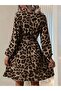 Long Sleeve Double-Breasted Neck Belted Leopard Printed Scuba Dress - Brown - 2