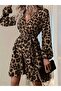 Long Sleeve Double-Breasted Neck Belted Leopard Printed Scuba Dress - Brown - 5