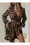 Long Sleeve Double-Breasted Neck Belted Leopard Printed Scuba Dress - Brown - 3