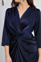 Women's Navy Blue Slim Fit V-Neck Midi Evening Dress - 4