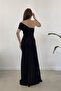 Black Crepe Fabric Strapless One-Shoulder Gather and Slit Detail Maxi Length Dress - 5