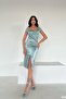 Mint Satin Fabric Boat Neck Slit Detail Midi Dress
