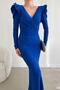 Cobalt Blue Shoulders Flywheel Detail Long Sleeve Belted Maxi Length Imported Crepe Fabric Dress - 2