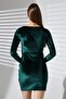 Emerald Green Gathered Double Breasted Collar Velvet Fabric Dress - 8