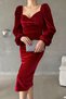 Red Princess Sleeve Slit Detail Heart Neck Midi Length Velvet Dress - 3