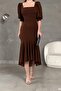 Brown Crepe Fabric Square Neck Balloon Sleeve Fish Model Midi-Length Dress