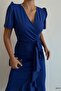 Cobalt Blue Crepe Fabric Short Sleeve Belted Midi Dress - 2