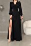 Black Crepe Fabric Front Knot Detail Maxi Length Long Sleeve Double Slit Dress - 6