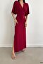 Burgundy Batwing Sleeve Sandy Fabric Long Slit Detail Dress - 4